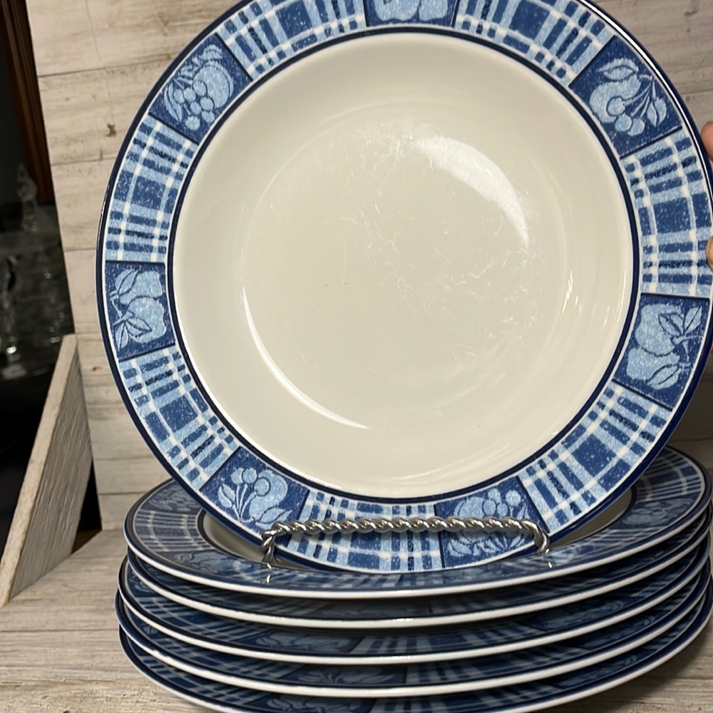 Set of 6 Tognana Italy Blue White Fruit Plaid pasta bowls. 9 inches